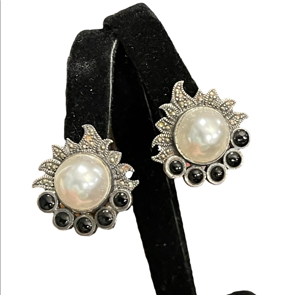 Vintage Sterling silver 925 Black onyx pearl marcasite earrings - Picture 7 of 8